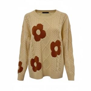 Wishlist Cream Cable Knit Sweater with Brown Floral Accents. NWT